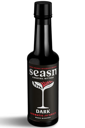 Seasn DARK bottle label closeup emphasizing bold flavor for cocktails.