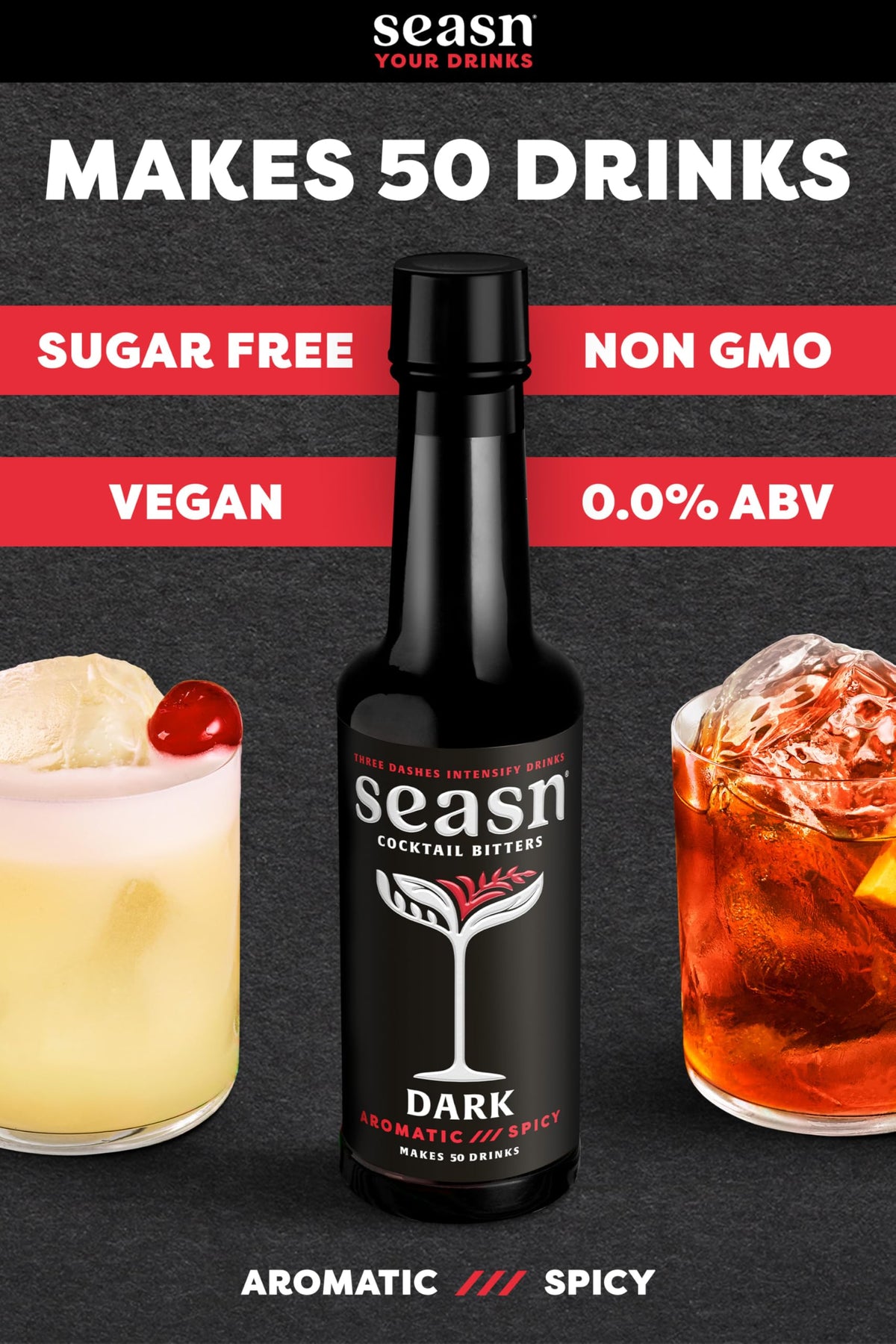 Seasn DARK bottle with ingredients highlights small-batch, real-ingredient bitters.