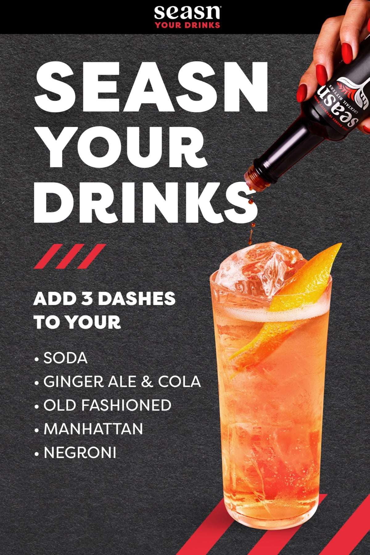 Seasn DARK mocktail serve with glass demonstrates versatile, sugar-free flavor enhancer.