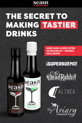 Seasn DARK packaging display illustrates vegan, non-GMO credentials and ready-to-use bitters.