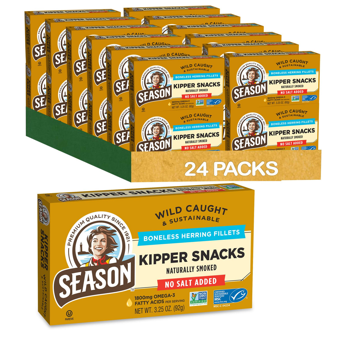 Season Kipper Snacks packaged cans showing convenient protein on the go