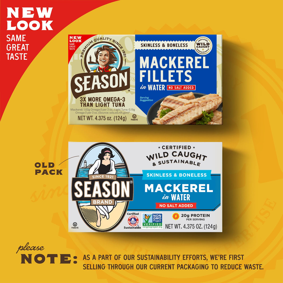 SEASON mackerel in water open can shown, ready-to-eat option.