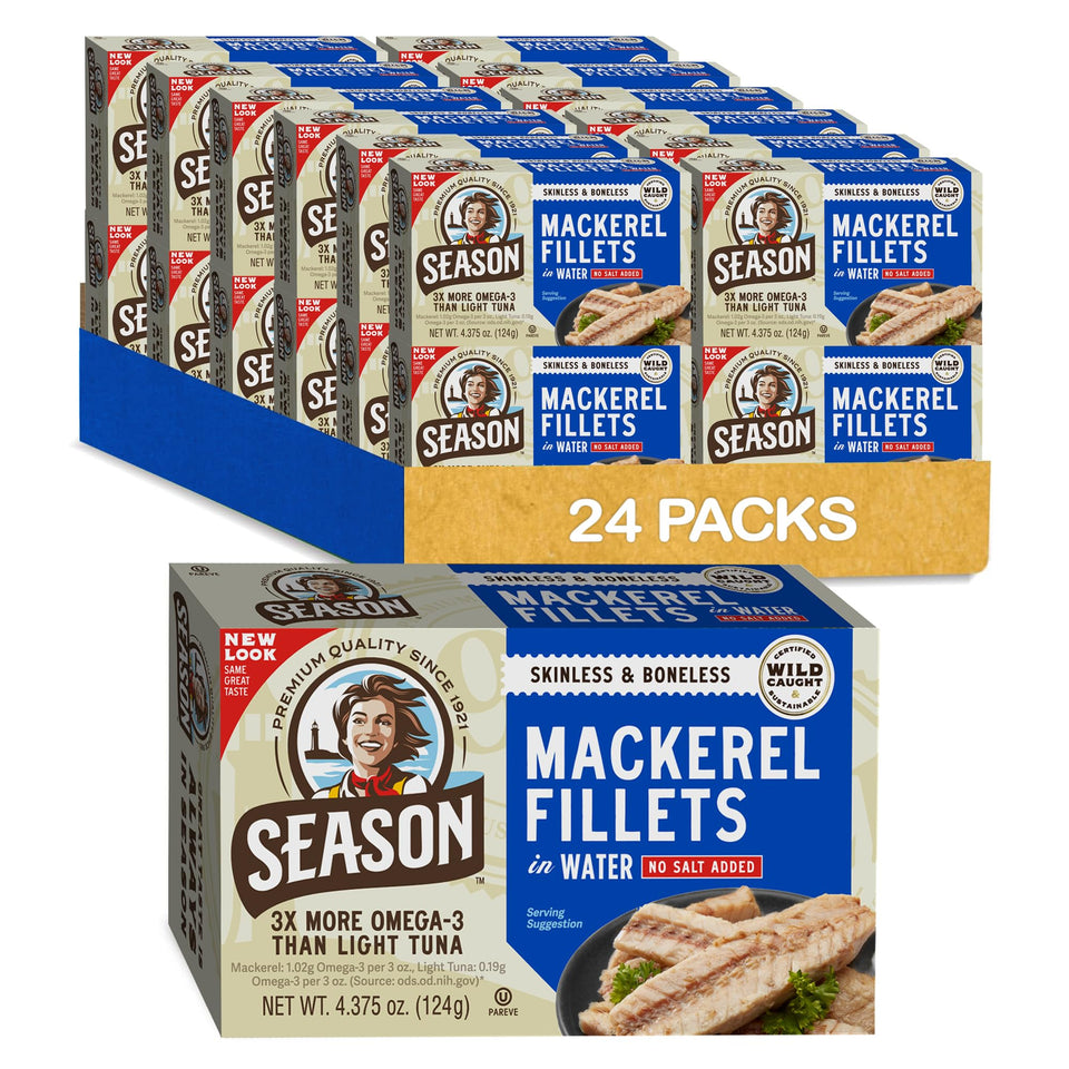 SEASON mackerel in water skinless-boneless fillets, high protein and easy to eat.