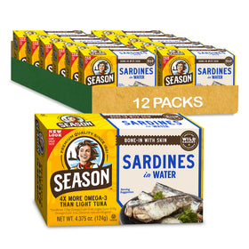 Season Sardines in Water can close-up, highlighting wild-caught protein and omega-3 richness.