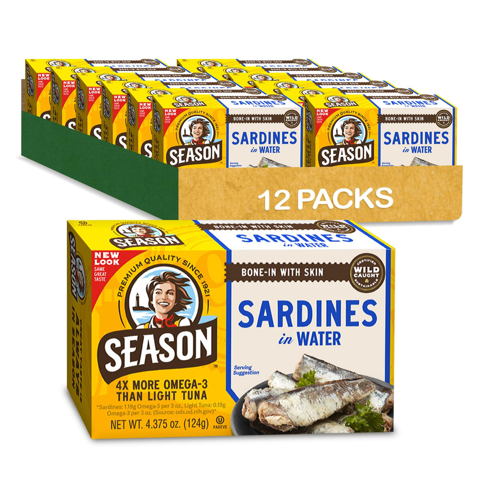 Season Sardines in Water can close-up, highlighting wild-caught protein and omega-3 richness.