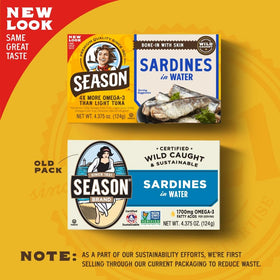 Season Sardines in Water tin packaging showcases sustainable sourcing and convenient protein.