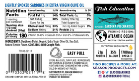 Season Sardines lightly smoked tin on slate board for dinner idea.