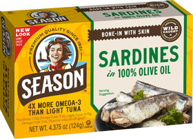 Season sardines in olive oil can front, convenient protein-rich snack.