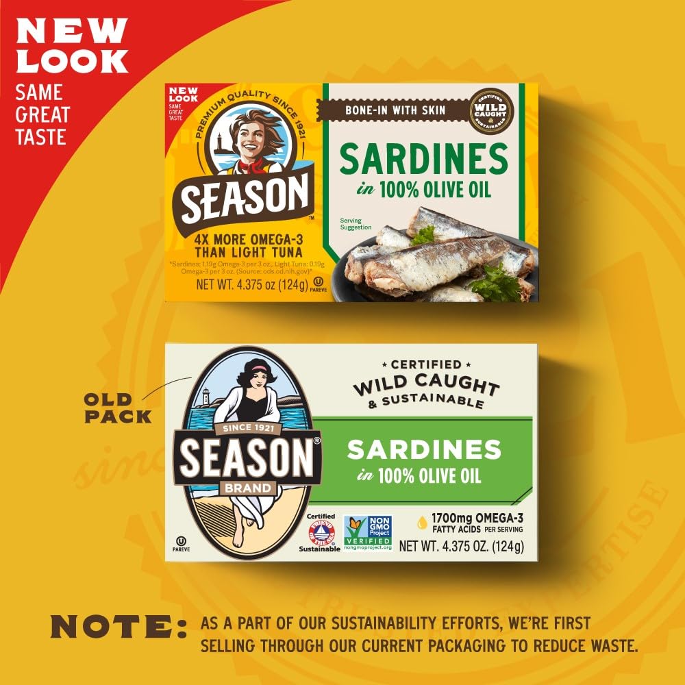 Season sardines olive oil can, nutrition label visible, rich in omega-3.