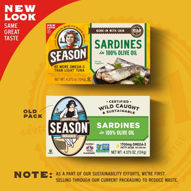 Season sardines olive oil can, nutrition label visible, rich in omega-3.