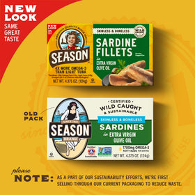 Season Sardines open can in olive oil, convenient pantry staple for salads.