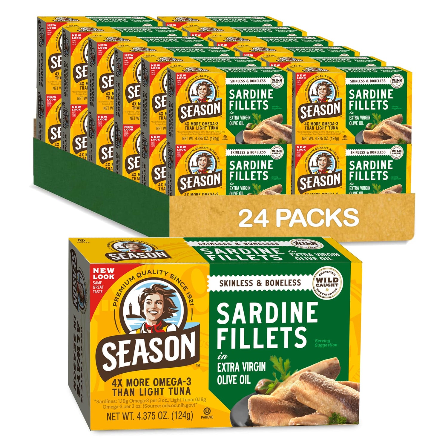 Season Sardines skinless and boneless fillets in olive oil, ideal for quick protein-packed meals.