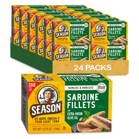 Season Sardines skinless and boneless fillets in olive oil, ideal for quick protein-packed meals.