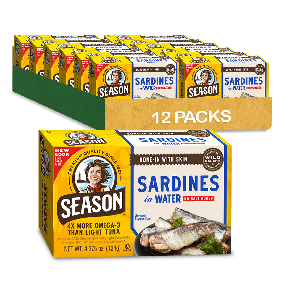 SEASON sardines in water tin—omega-3 rich, ready to add to meals.