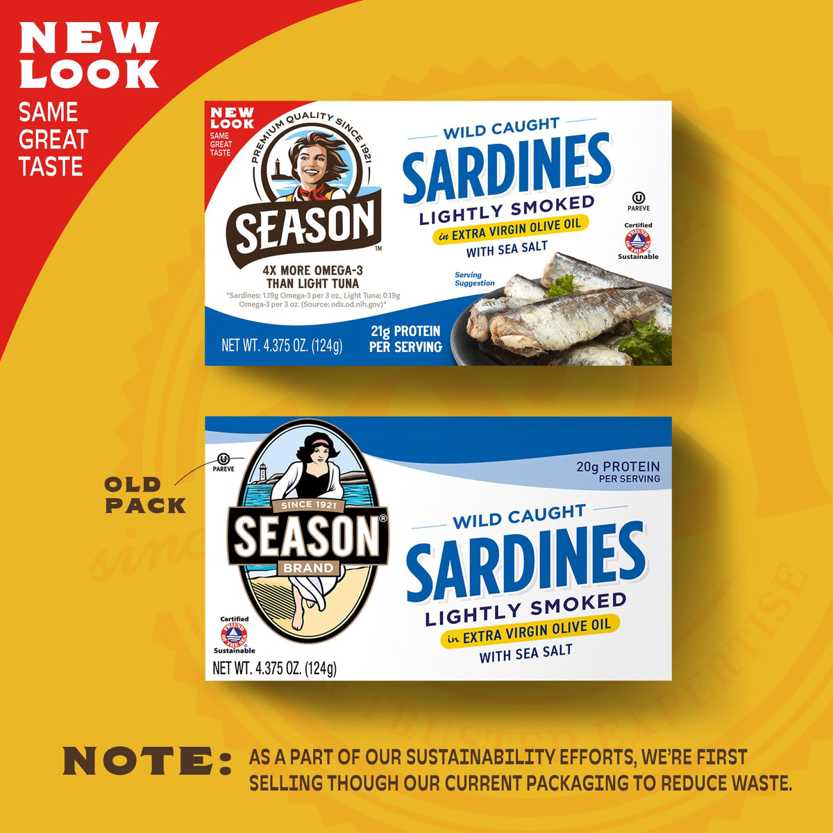 Season Sardines wild-caught in olive oil with sustainability seal.