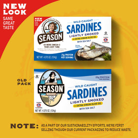 Season Sardines wild-caught in olive oil with sustainability seal.