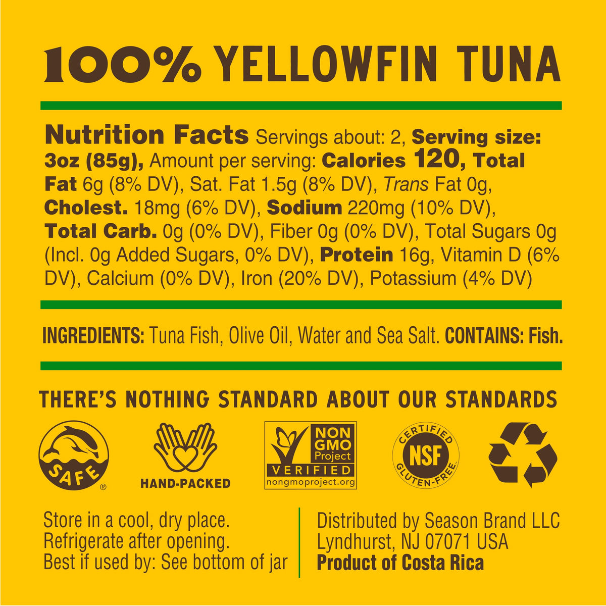 Close-up of Season label on olive oil tuna jar highlighting wild-caught quality.