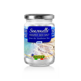 Seasonello iodized fine sea salt bottle showcases iodine-enriched seasoning for everyday cooking.