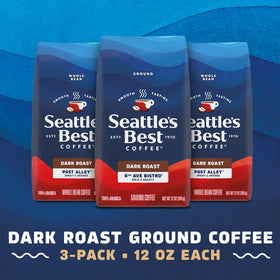 Seattle's Best Coffee 6th Ave Bistro beans closeup highlights premium Arabica for a balanced cup.