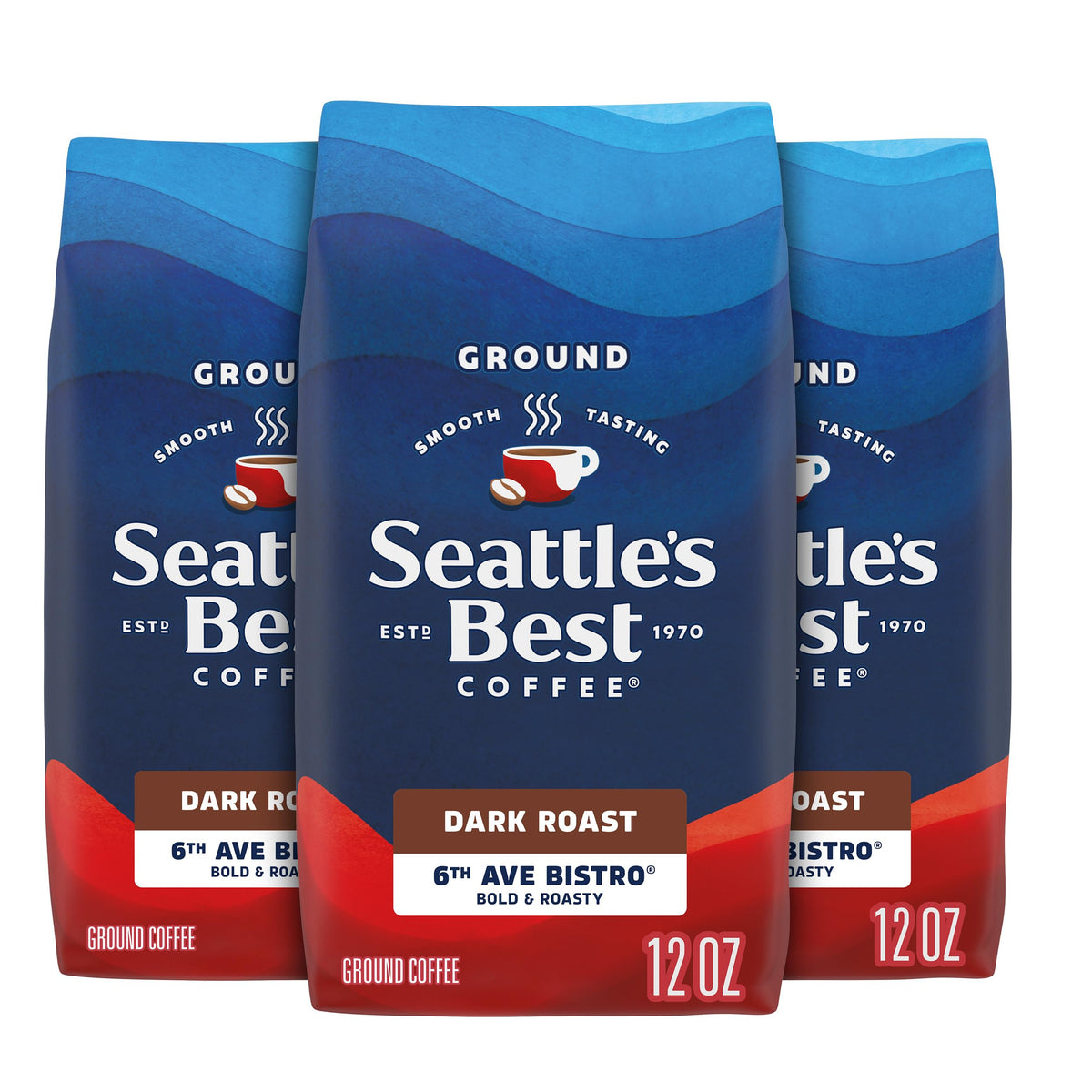 Seattle's Best Coffee 6th Ave Bistro dark roast ground coffee 12 oz bag for smooth mornings.