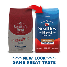 Close-up of Seattle's Best Breakfast Blend Arabica beans for bright flavor.