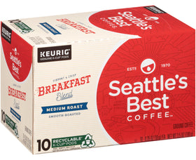 Seattle's Best Coffee Breakfast Blend box front showing 10-count K-Cups.