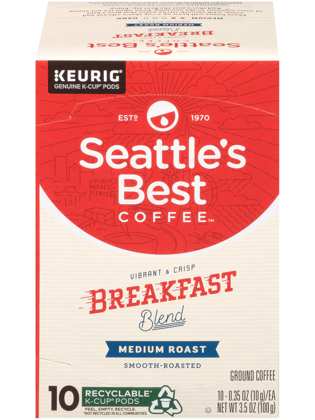 Close-up of Seattle's Best Coffee K-Cup pod highlights freshness.