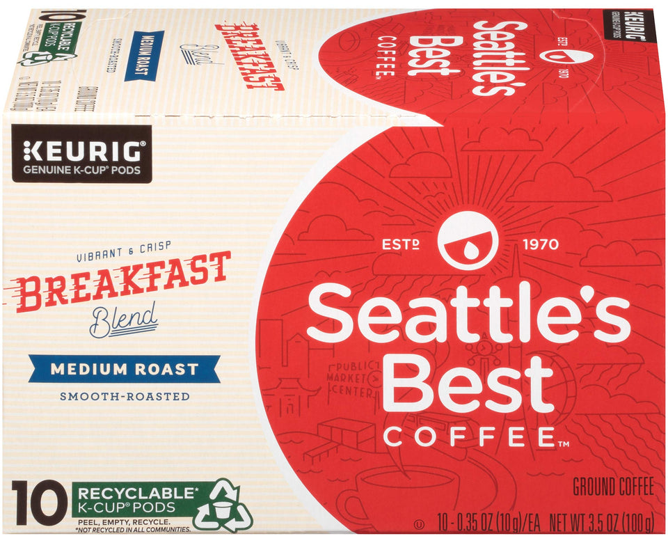 Seattle's Best Coffee Breakfast Blend K-Cup pod delivers a smooth medium roast for a quick, balanced morning.