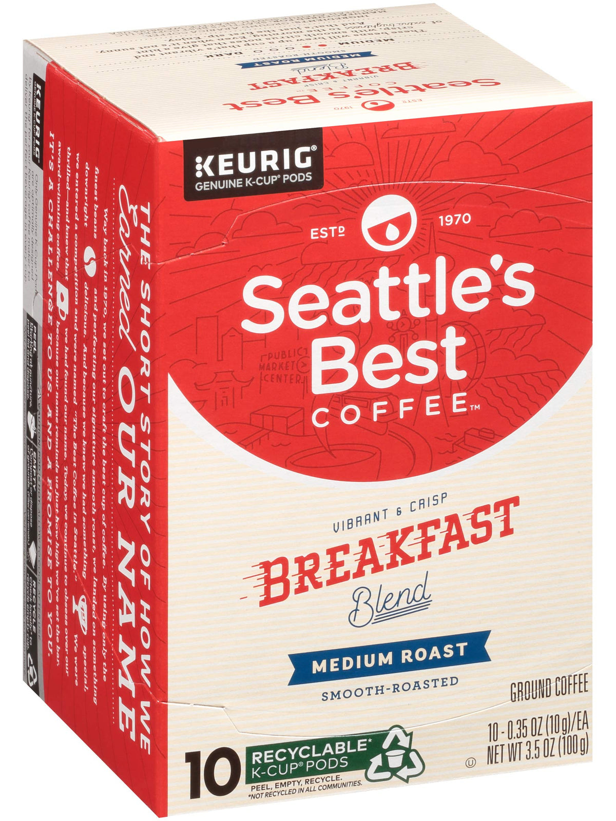Packaging for Seattle's Best Breakfast Blend emphasizes convenience and roast.