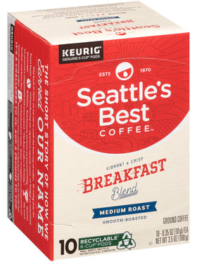 Packaging for Seattle's Best Breakfast Blend emphasizes convenience and roast.