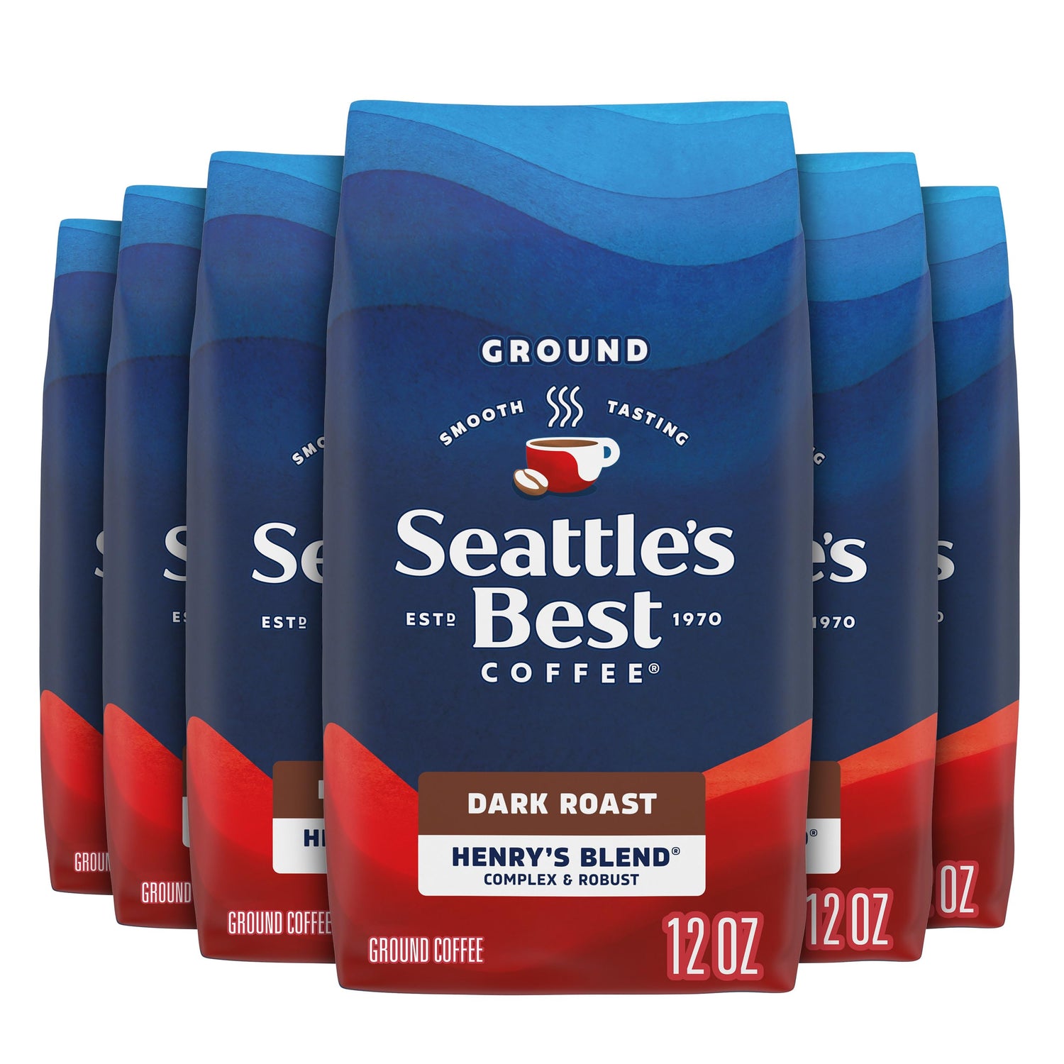 Seattle's Best Coffee Henry's Blend bag front, smooth aroma highlighted