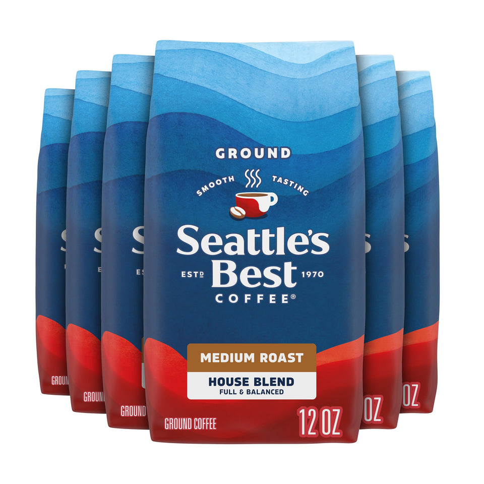 Seattle's Best Coffee House Blend ground coffee bags showcase smooth mornings