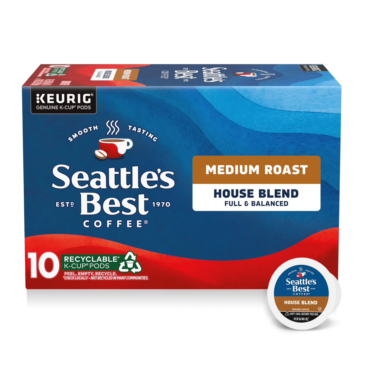 Seattle's Best House Blend K-Cup pod in box signaling smooth café-quality mornings
