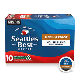 Seattle's Best House Blend K-Cup pod in box signaling smooth café-quality mornings
