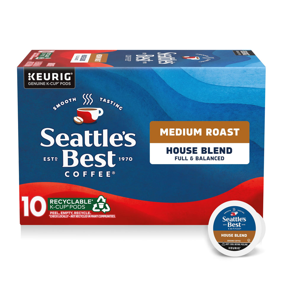 Seattle's Best House Blend K-Cup pod in box signaling smooth café-quality mornings