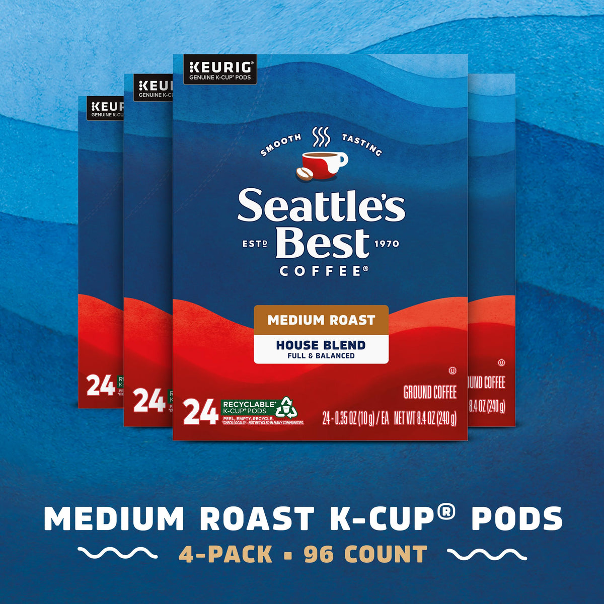K-Cup box set showing four boxes with 96 pods for quick, convenient brews.