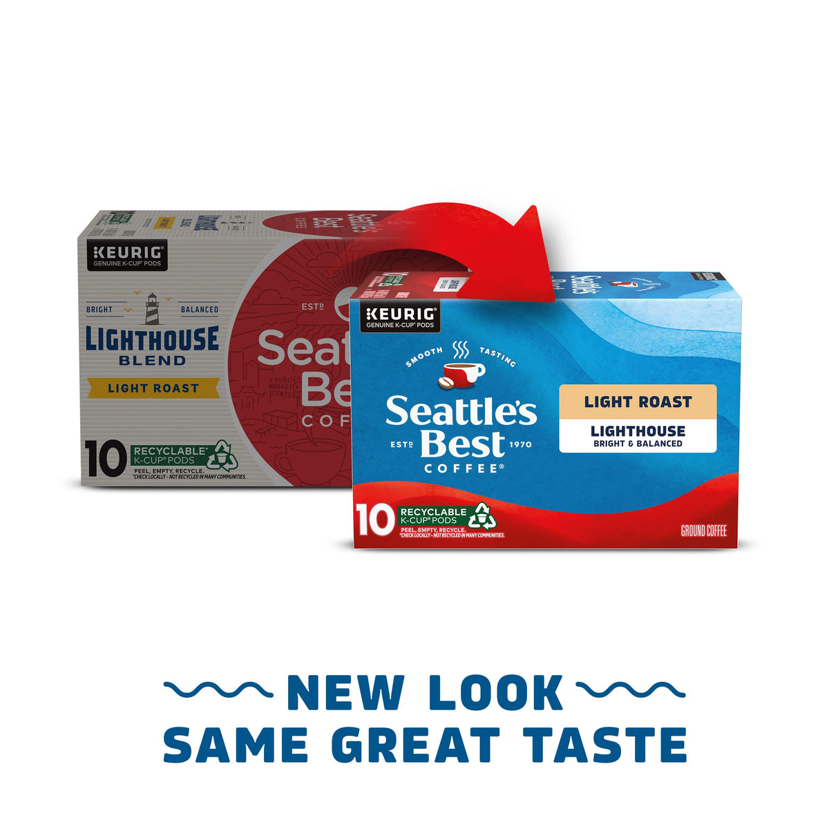 Seattle's Best Lighthouse Blend box front highlighting aroma and convenience.