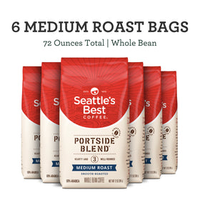 Portside Blend whole-bean closeup showing rich, smooth medium roast.