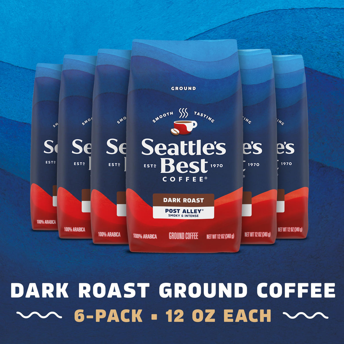 Seattle's Best Coffee Post Alley bag back, includes six 12 oz packs for easy home brewing.