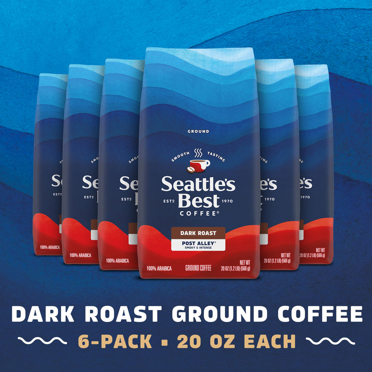 Seattle's Best Post Alley dark roast bag front emphasizes 100% Arabica beans and bold flavor.