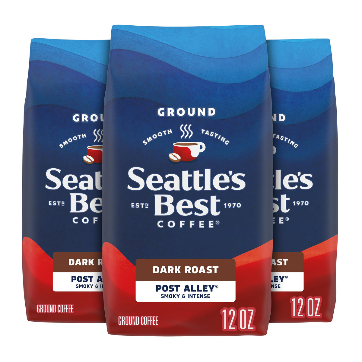 Seattle's Best Coffee Post Alley dark roast ground coffee in a 12oz bag for smooth mornings