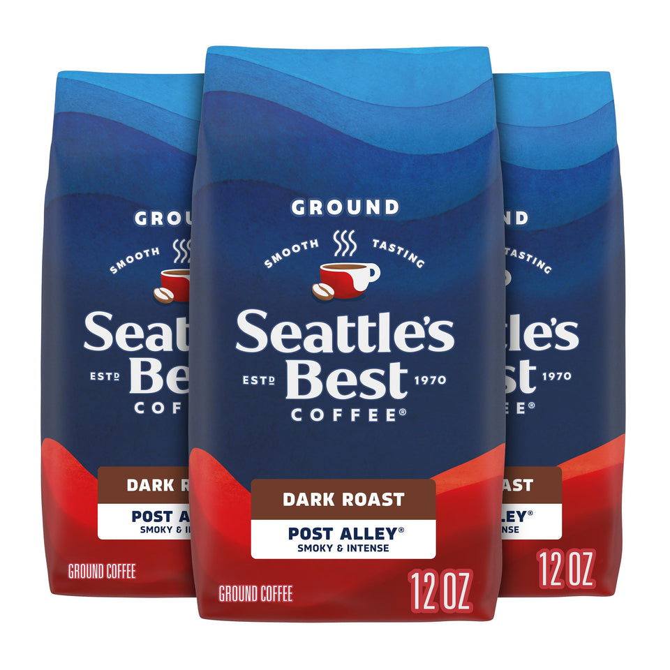 Seattle's Best Coffee Post Alley dark roast ground coffee in a 12oz bag for smooth mornings