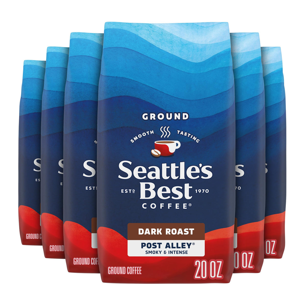 Seattle's Best Post Alley packaging closeup highlighting dark roast branding for smooth mornings.