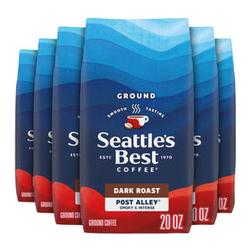 Seattle's Best Post Alley packaging closeup highlighting dark roast branding for smooth mornings.