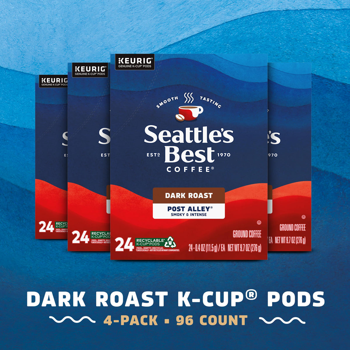 Close-up of Seattle's Best Post Alley K-Cups showing rich, smoky dark roast.