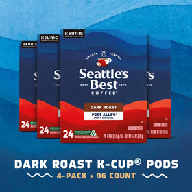 Close-up of Seattle's Best Post Alley K-Cups showing rich, smoky dark roast.
