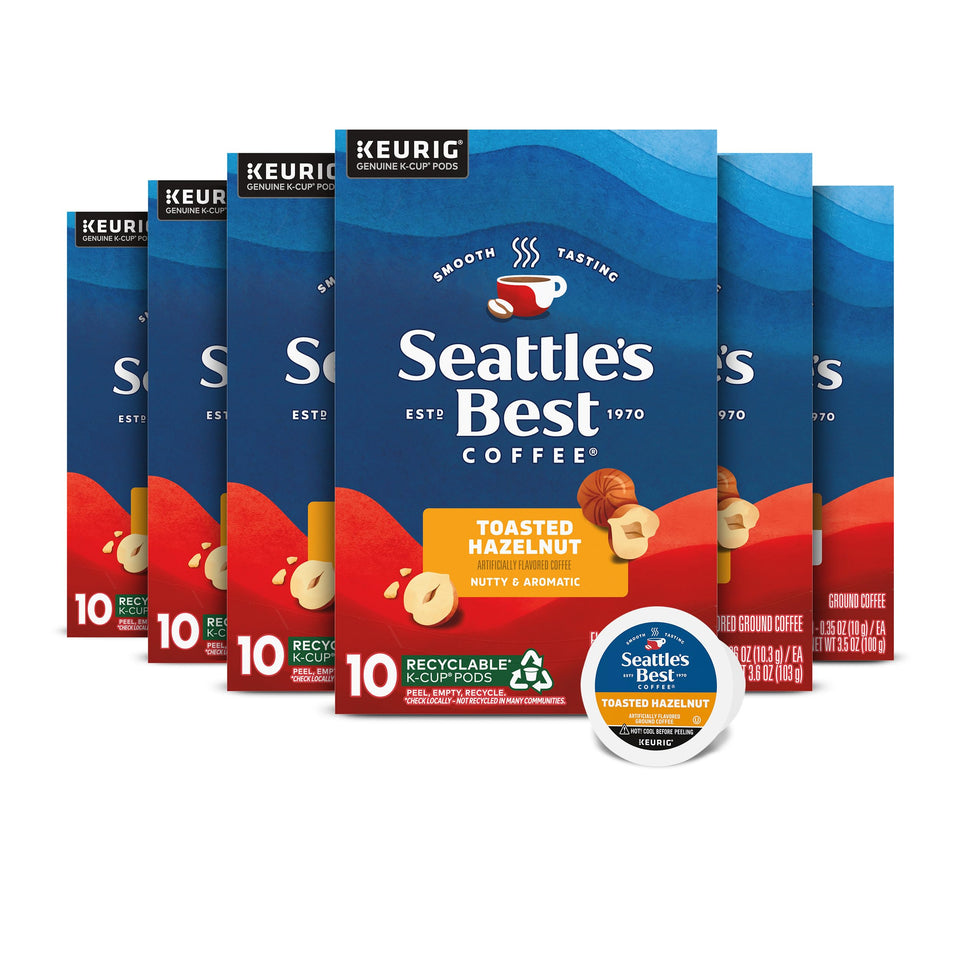 Seattle's Best Toasted Hazelnut K-Cup boxes front, six-pack convenience for quick mornings.