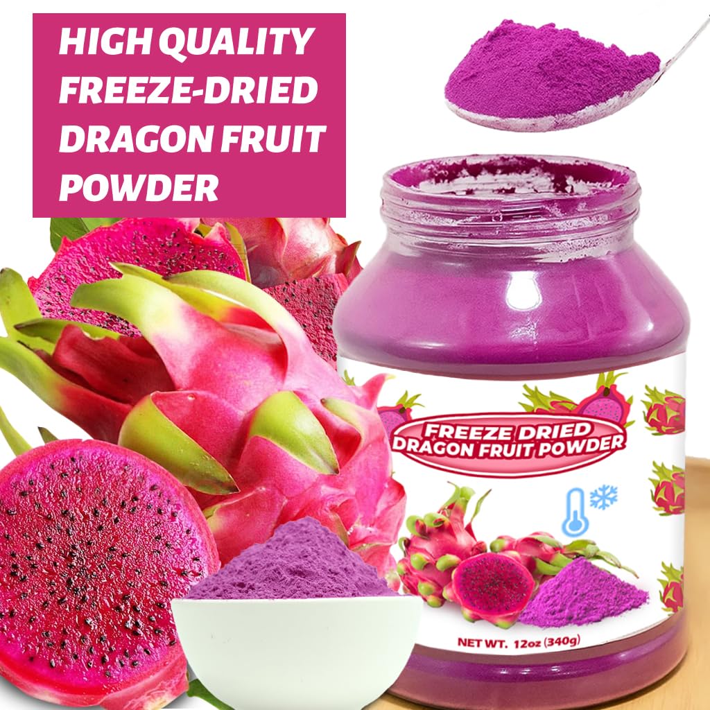 SEAYOFA dragon fruit powder close-up highlights rich texture and pigment detail.