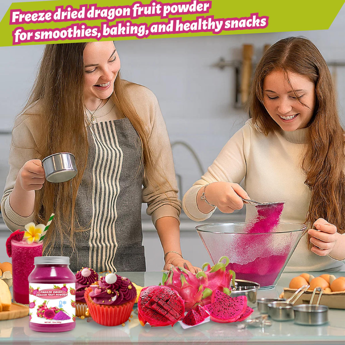 SEAYOFA dragon fruit powder blends into smoothies and bowls with visible fruit flavor.