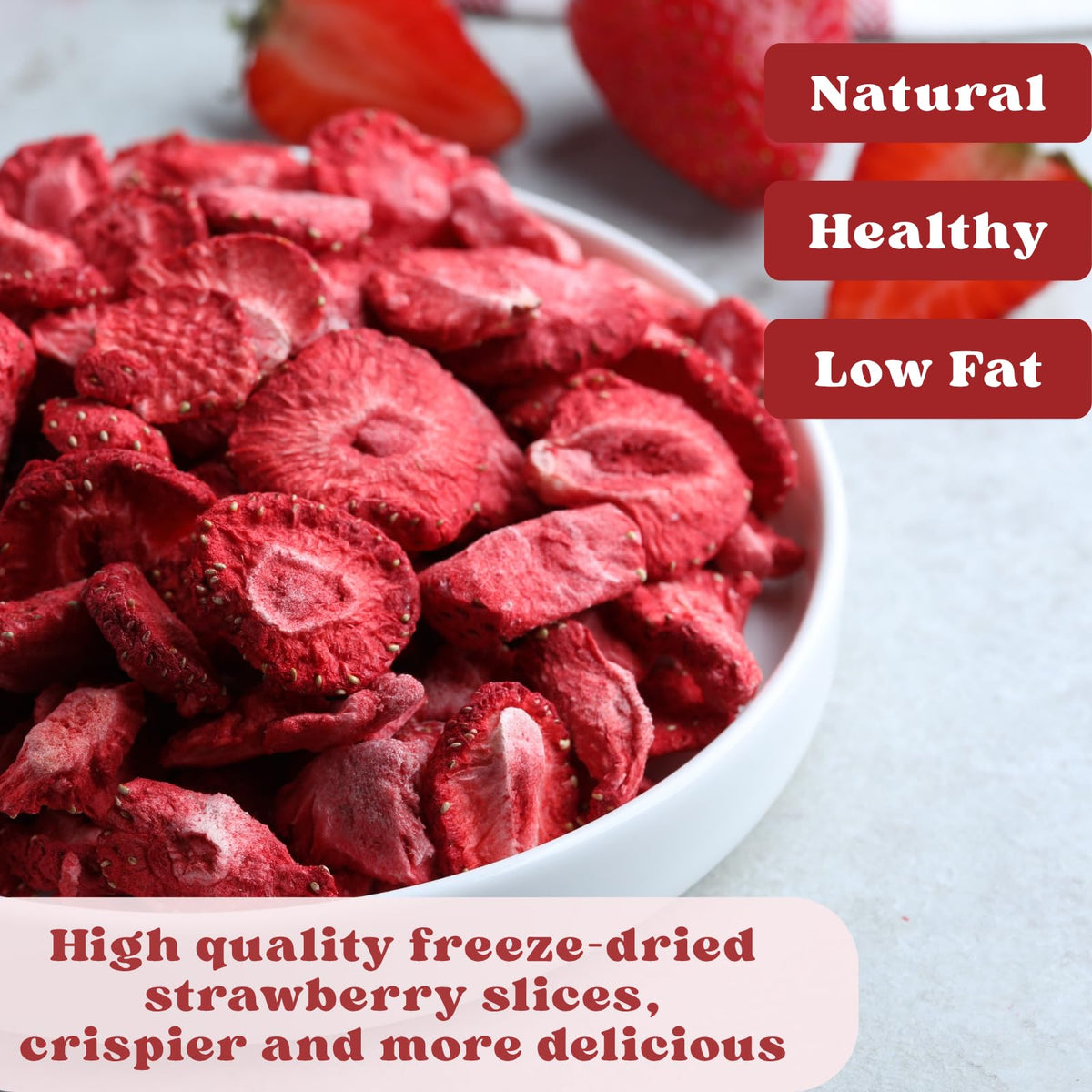 SEAYOFA freeze-dried strawberries texture emphasized for topping or mix-ins.